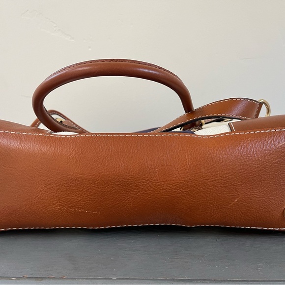 Michael Kors Hamilton Mono Stripe Canvas/Leather Satchel, Blue /White/ Brown - Picture 5 of 10